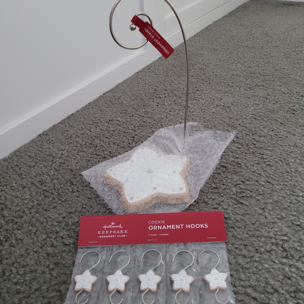 Hallmark ornament hooks, and ornament stand
